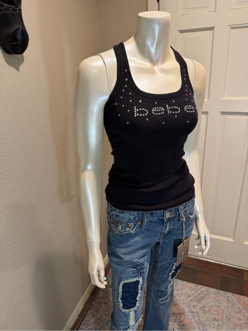 Vintage Bebe Black Ribbed Rhinestone Logo Tank Top Medium Y2K McBling 
Tank